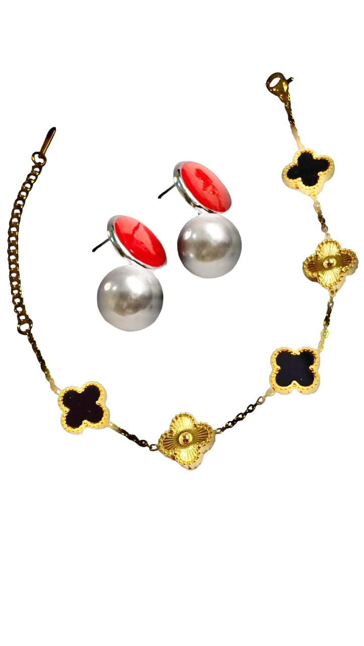 premium Elegant Gold Clover Bracelet Pearl Drop Earrings Set