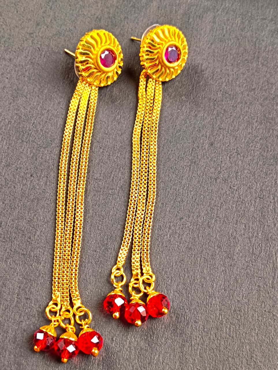 Gold Plated Ruby Dangler Earrings with Chain Tassels