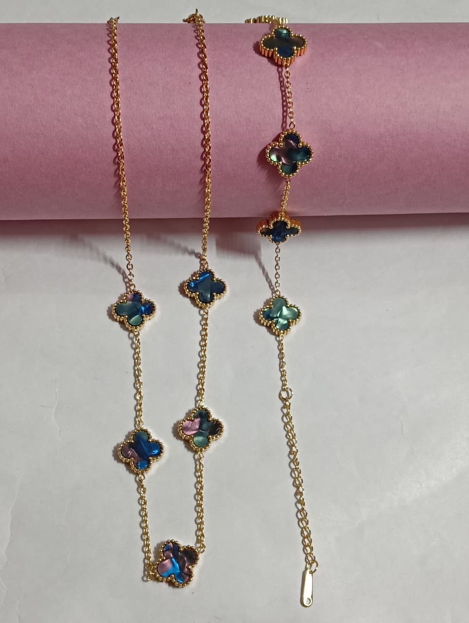 Gold Plated Clover Necklace and Bracelet Set with Iridescent Stones