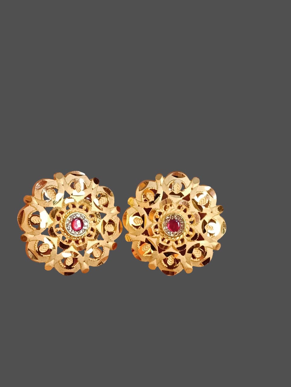 Red Stone Gold Floral Stud Earrings