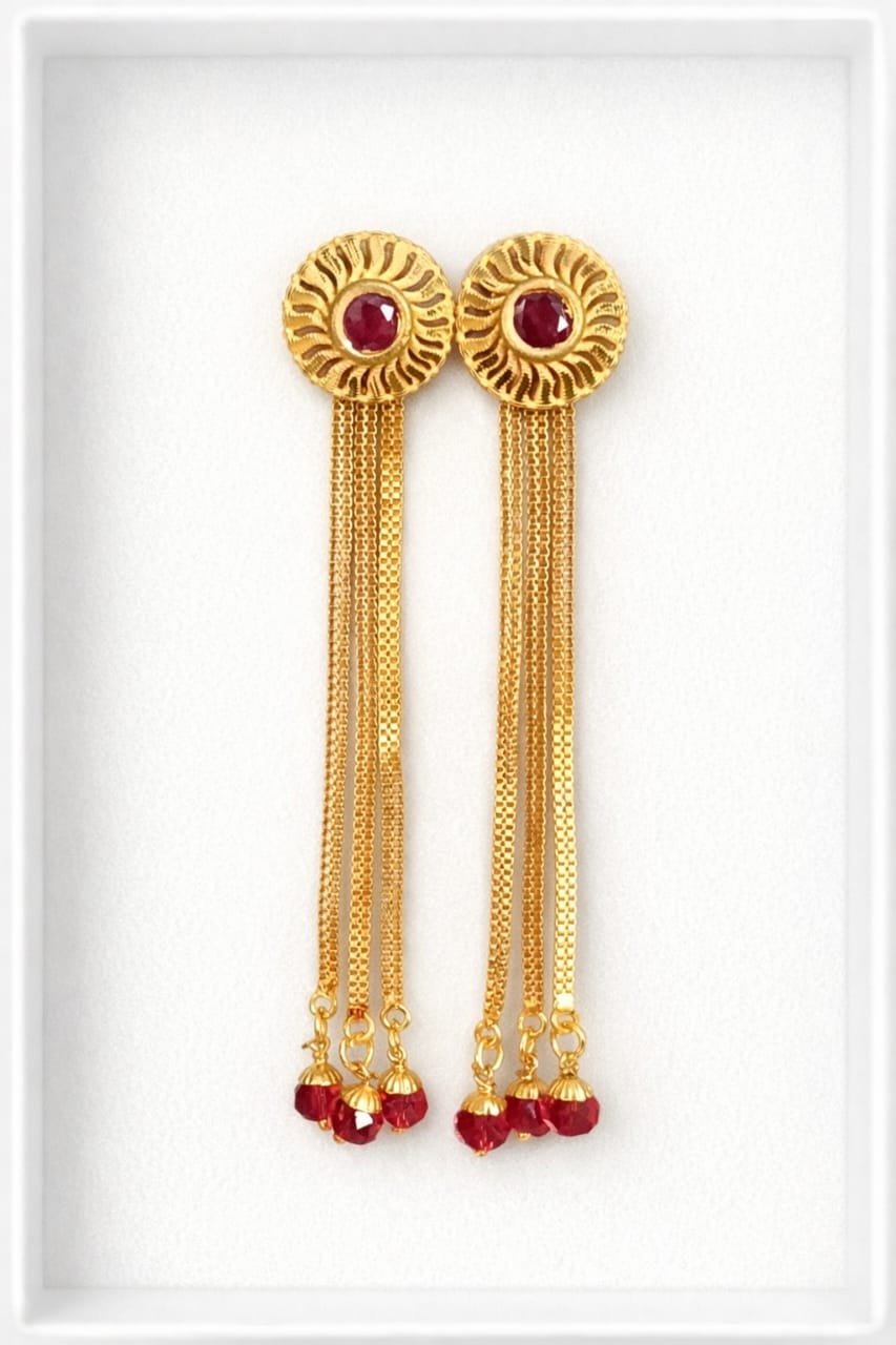 Gold Plated Ruby Dangler Earrings with Chain Tassels