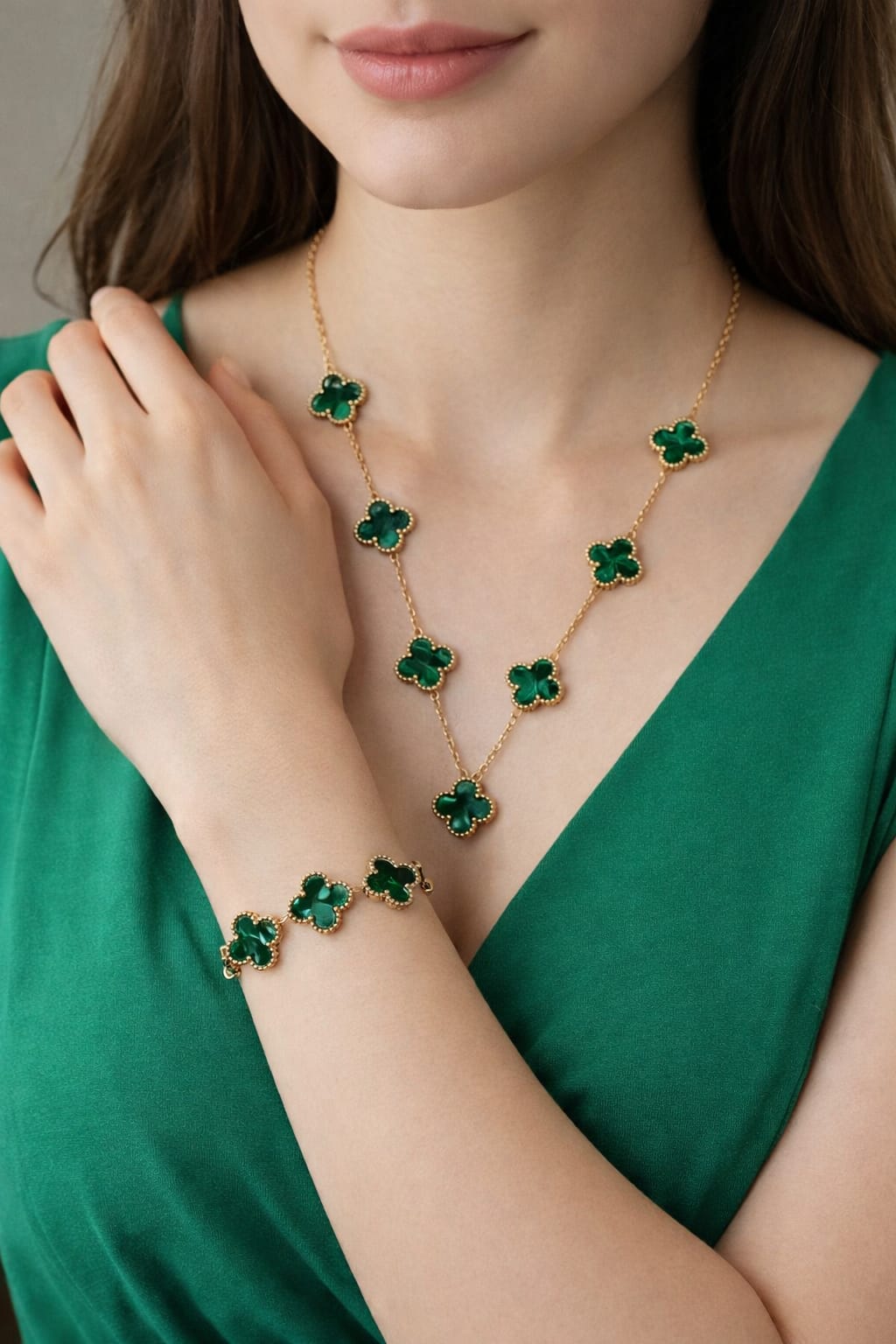 Elegant Green Clover Necklace and Bracelet Set