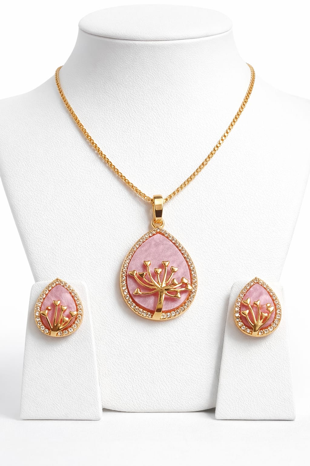 Pink Teardrop Tree of Life Gold-Plated Jewelry Set