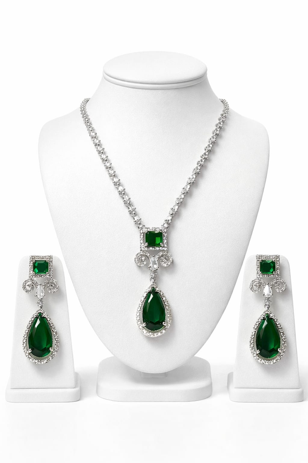 Emerald Green Teardrop Stone Necklace Set with Earrings