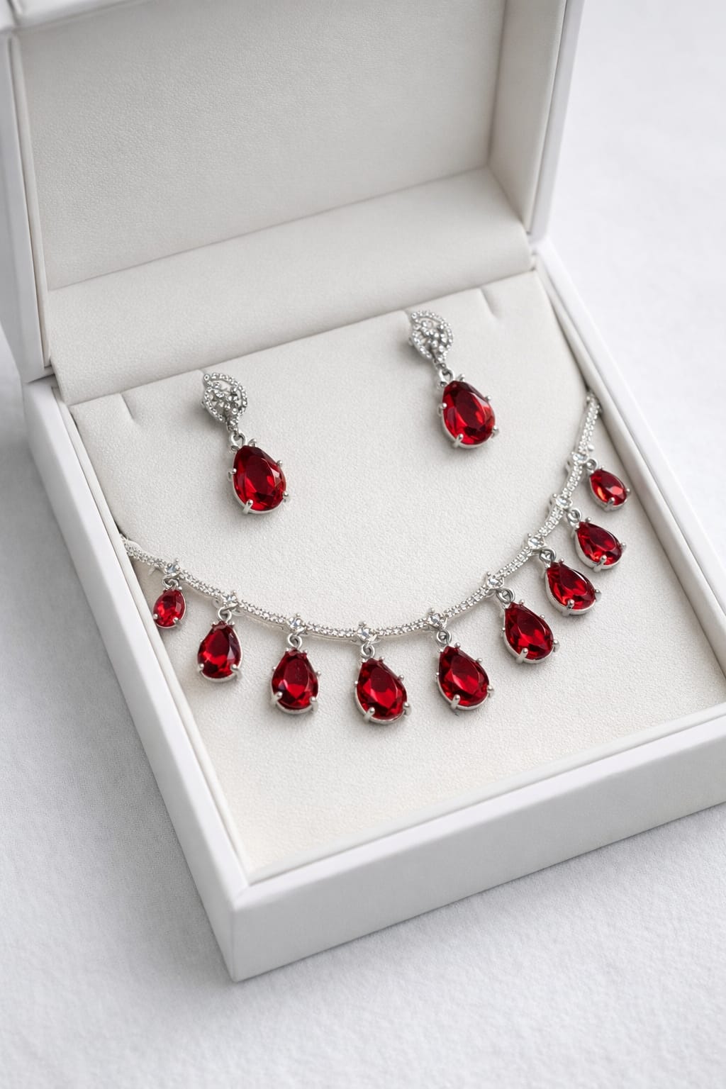 Ruby Red Teardrop Crystal Necklace Set with Earrings