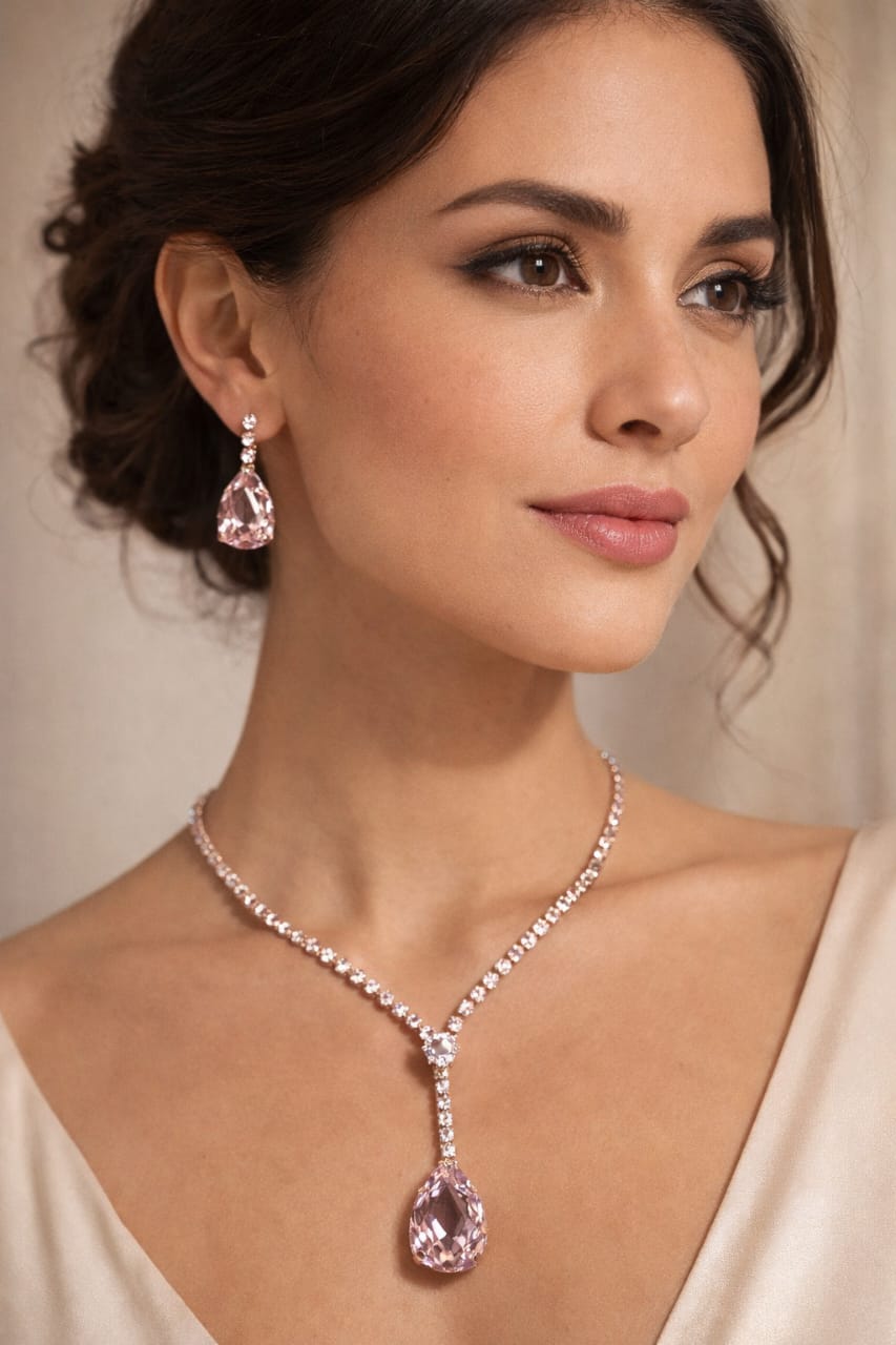 Elegant Blush Pink Crystal Necklace Set with Matching Earrings - Image 1