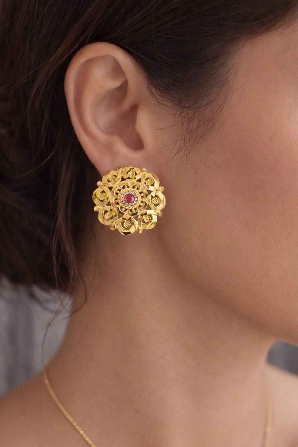 Red Stone Gold Floral Stud Earrings - Image 1