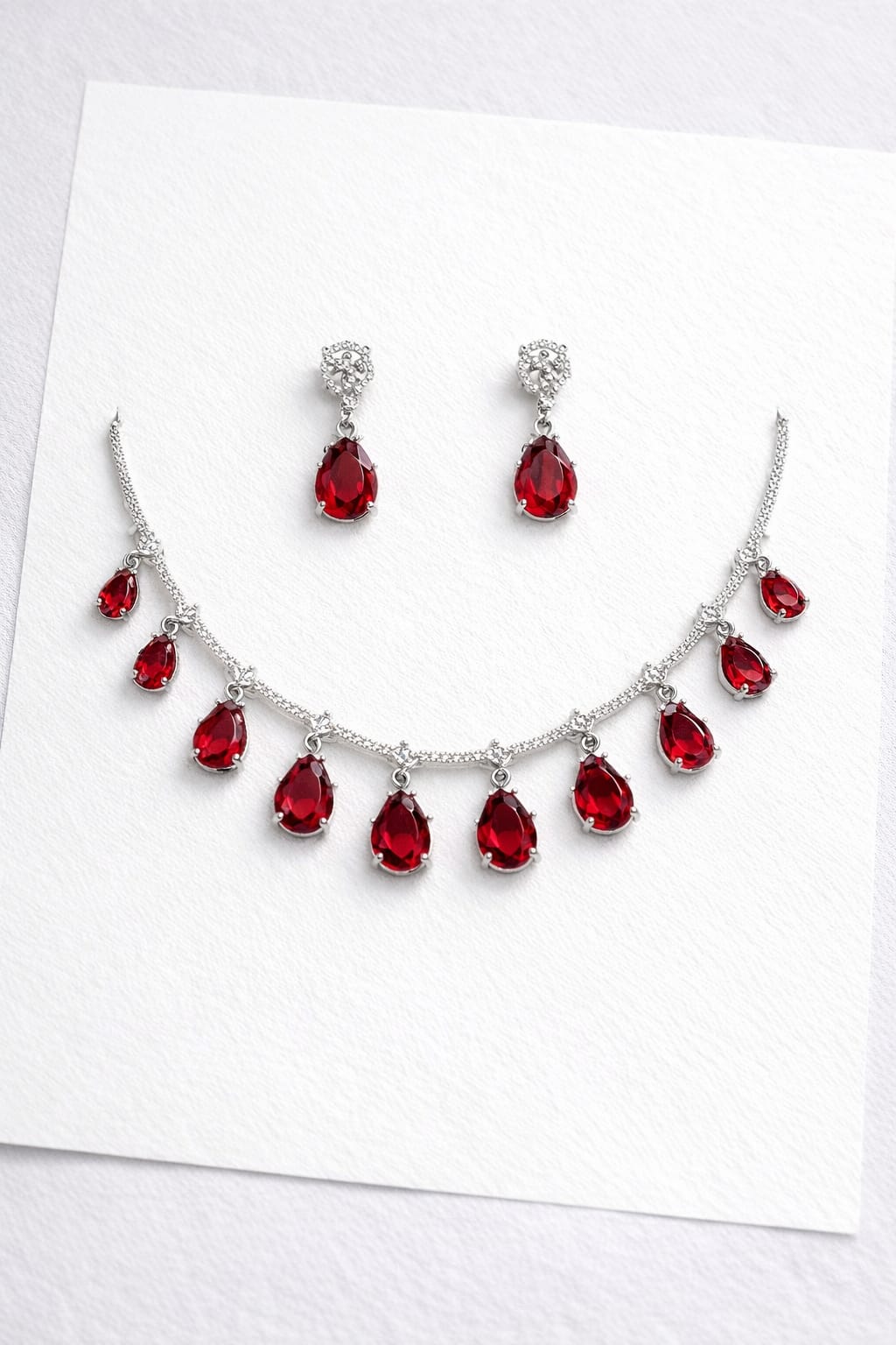 Ruby Red Teardrop Crystal Necklace Set with Earrings - Image 2