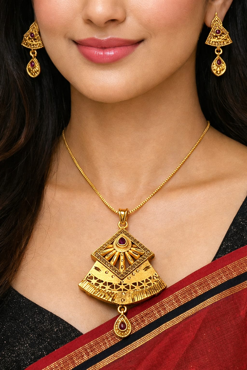 Gold-Tone Traditional Geometric Pendant Necklace Set with Earrings - Image 1
