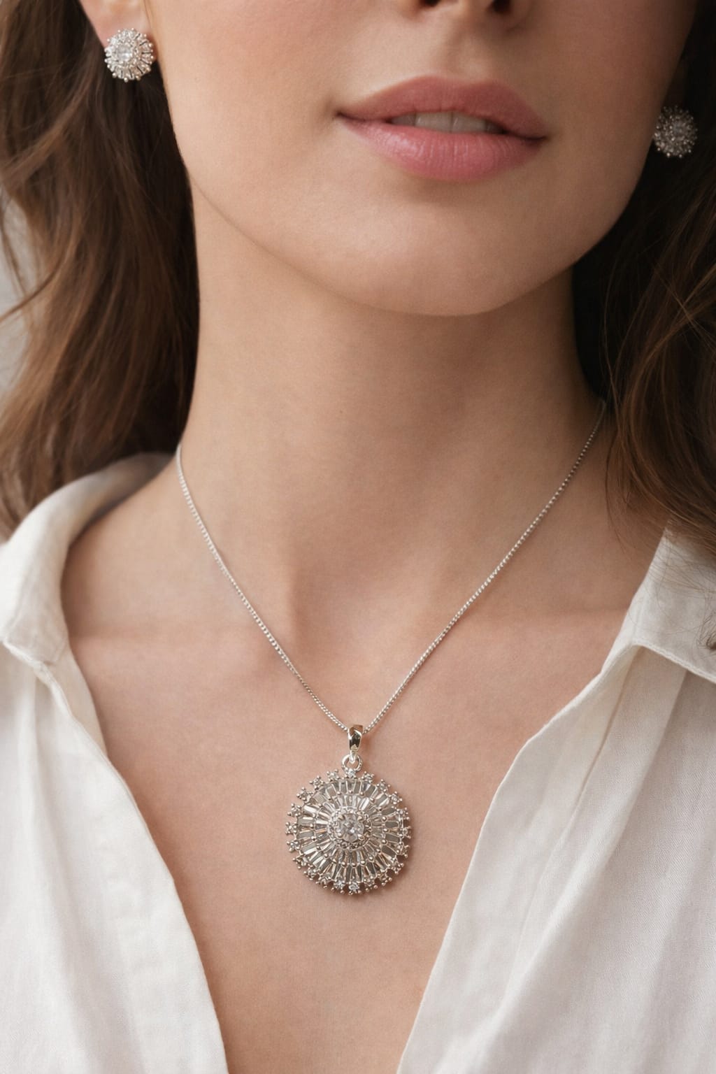 Silver-Tone Crystal Sunburst Pendant Necklace Set with Earrings - Image 1